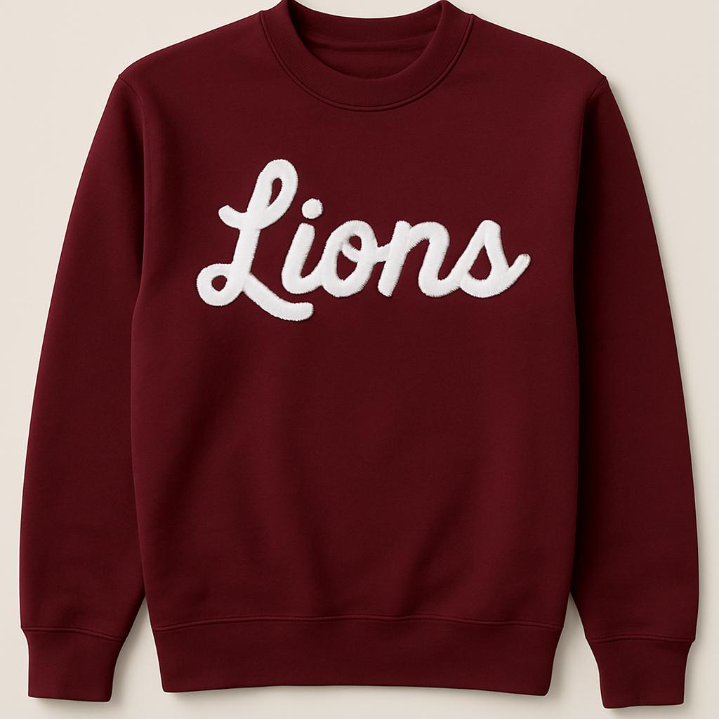 Lions Team Crewneck, Chenille Yarn Sweatshirt, Personalized Sweatshirt, Embroidered Team Sweatshirt, Oversized Crewneck