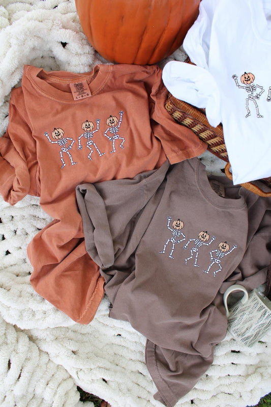 Dancing Skeleton Pumpkin Head T-Shirt | Fall & Halloween Embroidered Tee